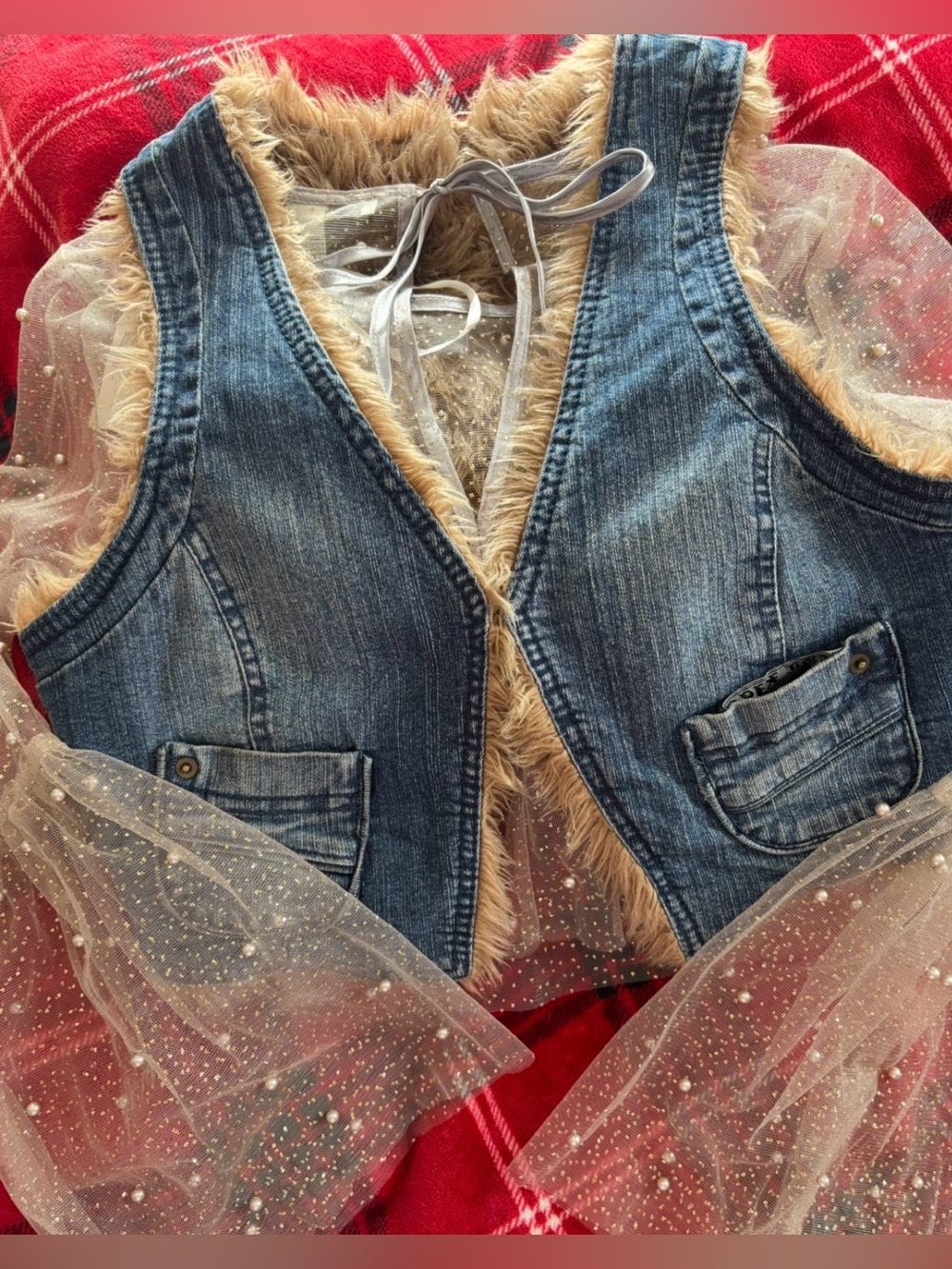 Last Kiss Y2K Faux Fur Lined Denim Cropped Vest M Boho Western 🎥